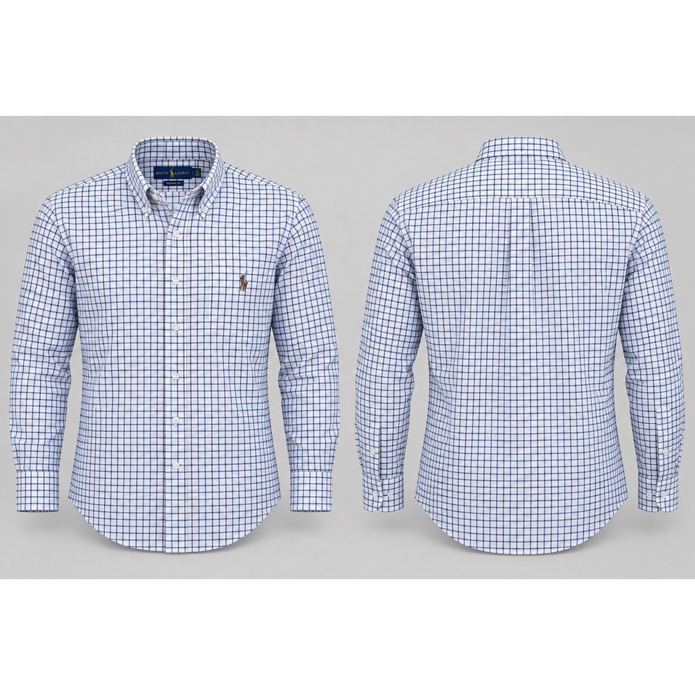 Ralph Lauren Shirt Mens L Blue Check Long Sleeve Button Up Classic Fit
